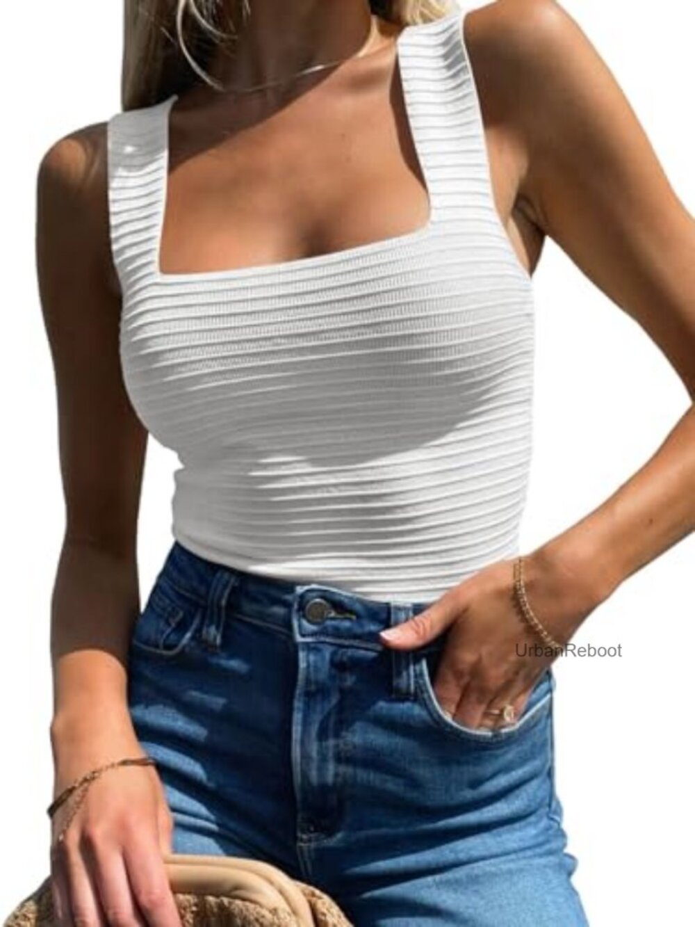 Ribbed Knit Square Neck Tank Top Sleeveless Slim Fitted Summer Top